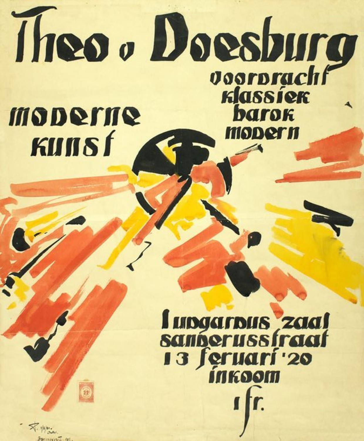 Jozef Peeters, Affiche voordracht Theo van Doesburg Klassiek, Barok, Modern, 1920, collectie Letterenhuis