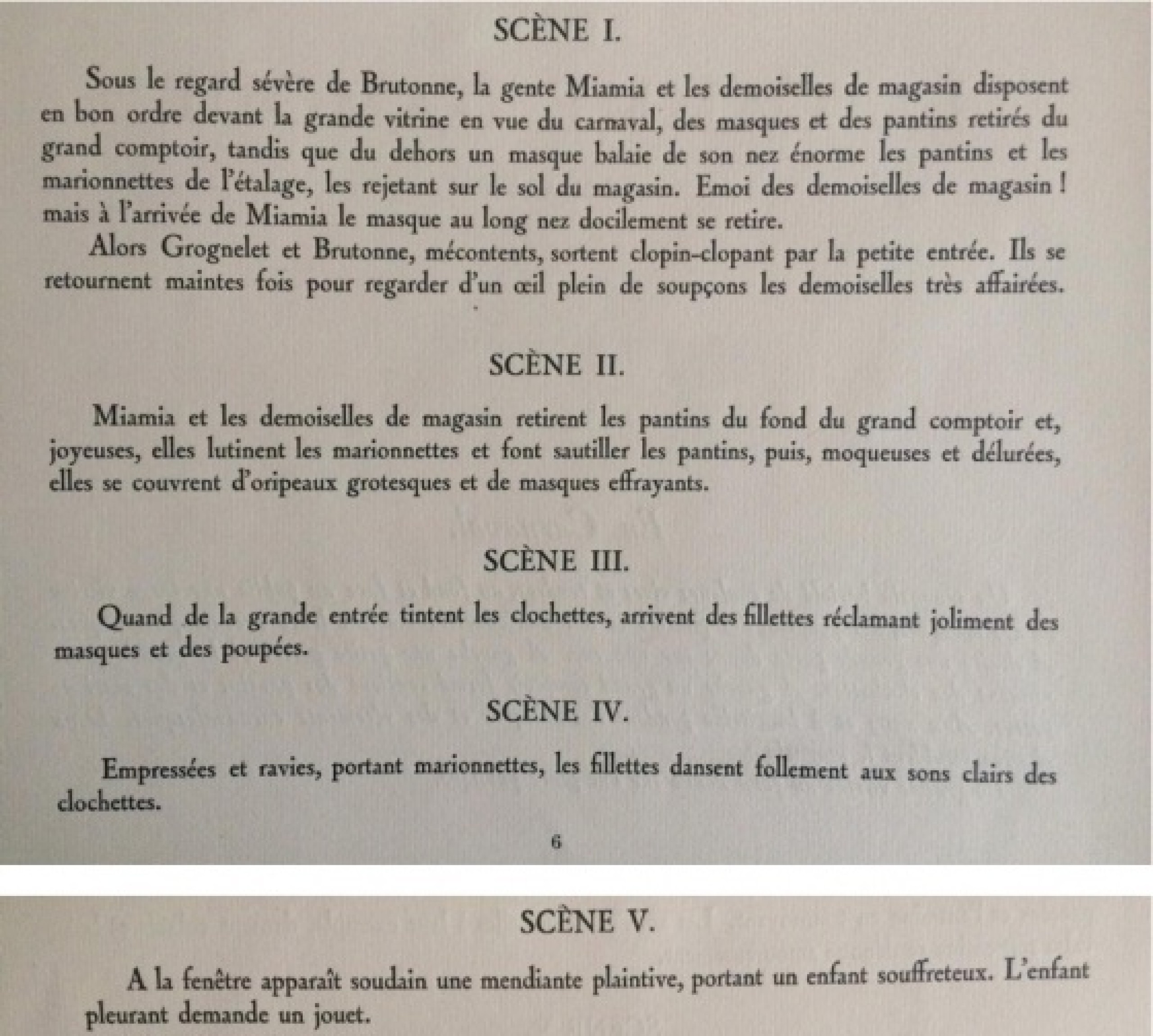 Libretto uit het lithografische folio La Gamme d'Amour, 1929, Georges Vriamont, pp 6-7. De onderstaande scènes zijn afgebeeld in La Boutique de Grognelet (scènes 1 tot en met 5).